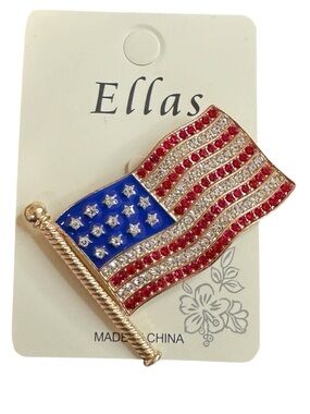 Ella American Flag Rhinestone Brooch – Patriotic Gold -Tone Enamel USA Flag Pin